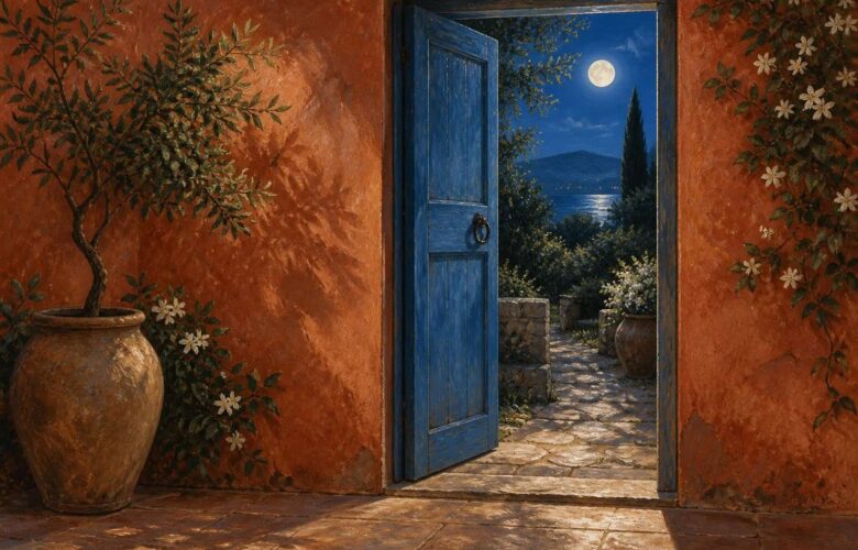 Puerta azul entreabierta hacia un jardín nocturno en una ilustración onírica.