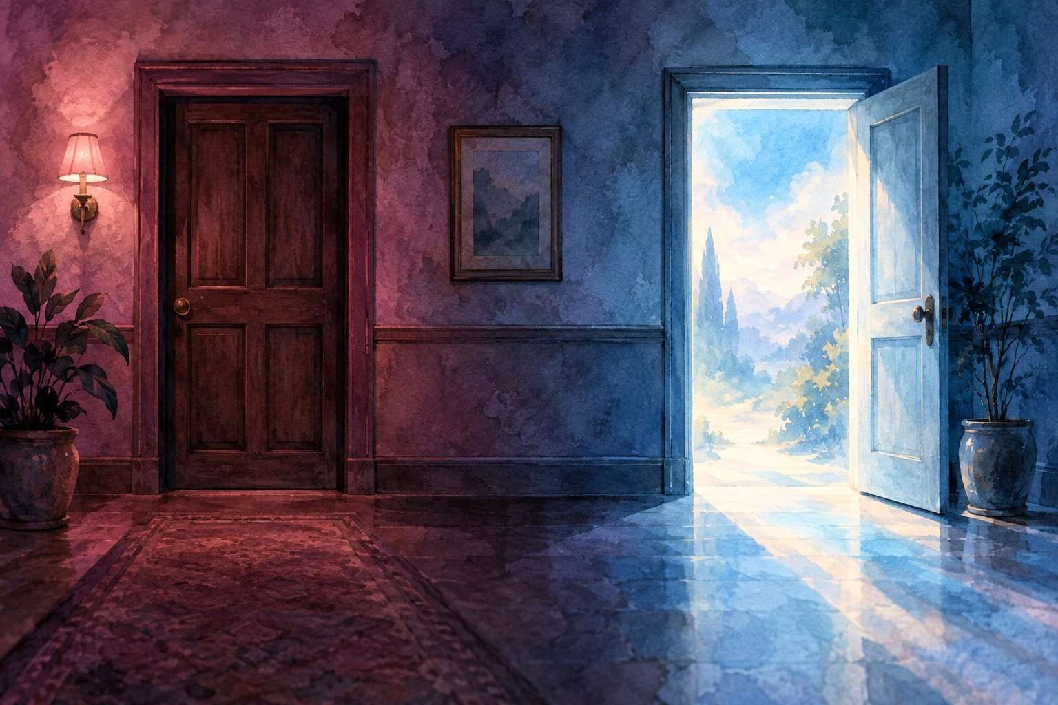 Dos puertas de aspecto distinto en un pasillo imaginario.