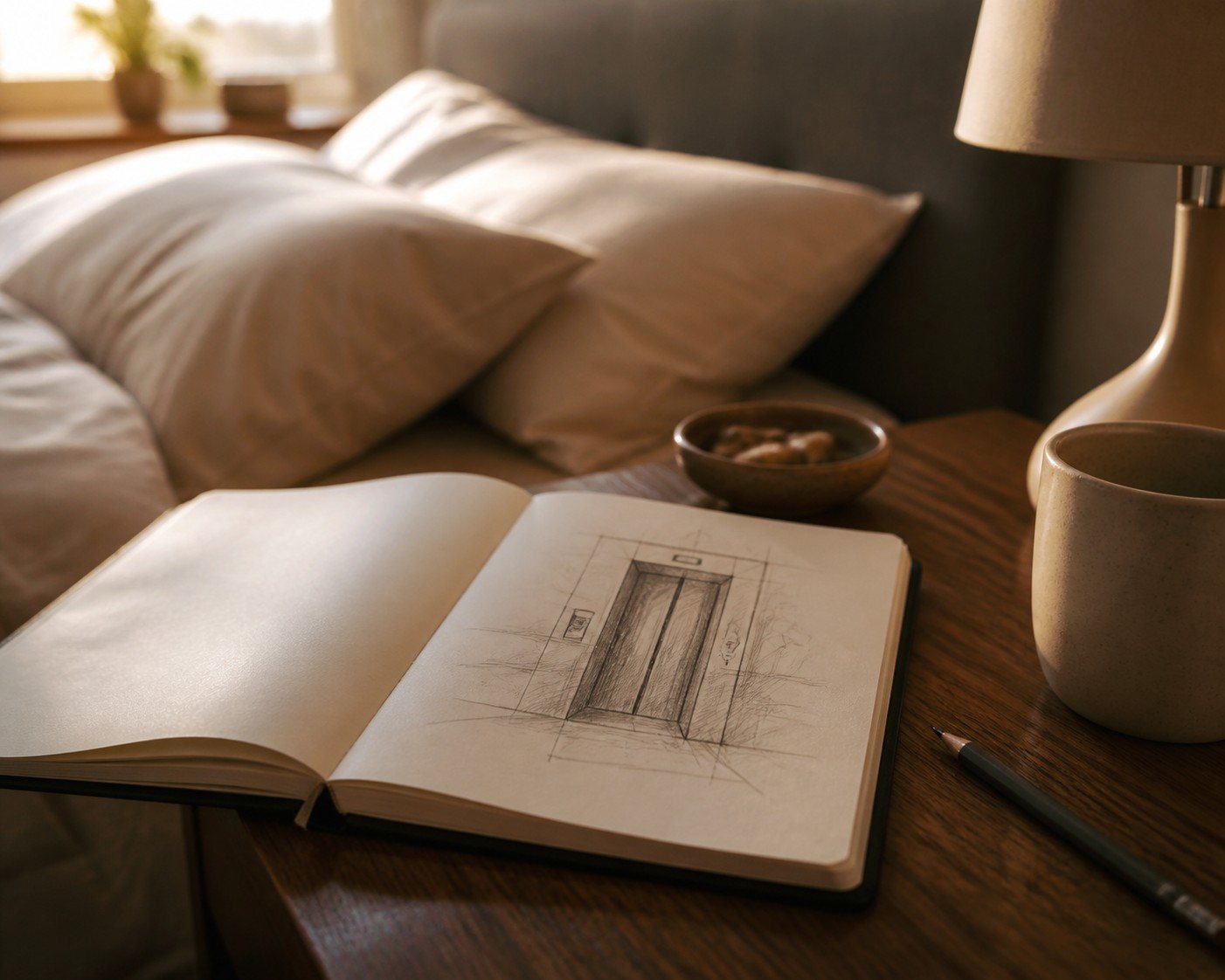 Cuaderno junto a una cama con un dibujo de ascensor y anotaciones ilegibles